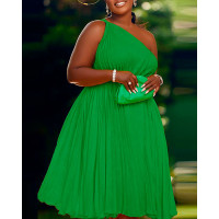 One Shoulder Pleated Party Dress - green