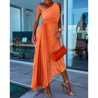 One Shoulder Pleated Party Dress - orange