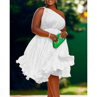 One Shoulder Pleated Party Dress - white