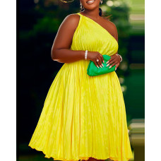 One Shoulder Pleated Party Dress - yellow