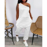 One Shoulder Pocket Design Casual Jumpsuit - white