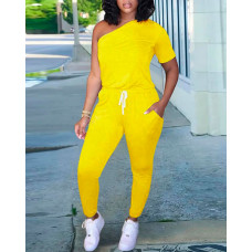 One Shoulder Pocket Detail Drawstring Jumpsuit - yellow