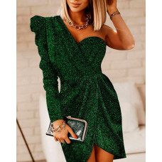 One Shoulder Puff Sleeve Glitter Party Dress - green