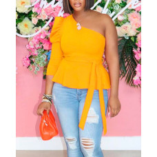 One Shoulder Puff Sleeve Self Tie Peplum Top - yellow