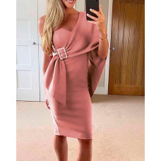 One Shoulder Rhinestone Buckled Slit Evening Dress - pink