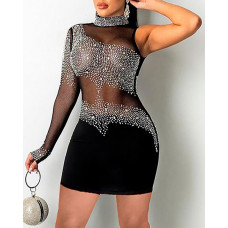 One Shoulder Rhinestone Sheer Mesh Bodycon Dress - black