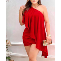 One Shoulder Ruched Asymmetrical Party Dress - red