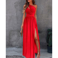 One Shoulder Ruched High Slit Maxi Dress - red