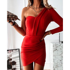 One Shoulder Ruched Long Sleeve Bodycon Dress - red