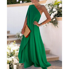 One Shoulder Ruched Maxi Dress - green