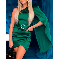 One Shoulder Ruched Party Dress With Belt - green