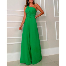 One Shoulder Ruched Wide Leg Bootcut Jumpsuit - green