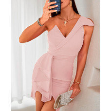 One Shoulder Ruffle Hem Bodycon Dress - Apricot