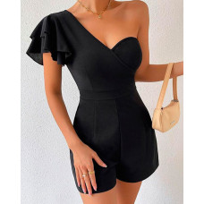 One Shoulder Ruffle Hem Romper - black