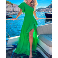 One Shoulder Ruffle Hem Slit Maxi Dress - green