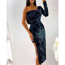 One Shoulder Sequins Asymmetrical Party Dress - Multicolor