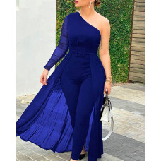 One Shoulder Sheer Mesh Jumpsuit Without Belt - blue