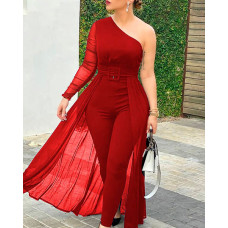 One Shoulder Sheer Mesh Jumpsuit Without Belt - red