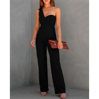 One Shoulder Sleeveless Casual Jumpsuit - black