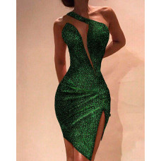 One Shoulder Slit Sleeveless Sequin Dress - green