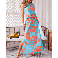 One Shoulder Split Hem Plants Print Maxi Dress - Multicolor