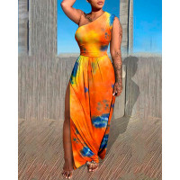 One Shoulder Tie Dye Print Maxi Dress - yellow