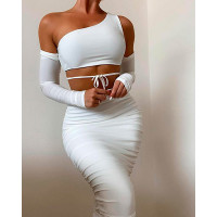 One Shoulder Tie Front Crop Top & Skirt Set - white