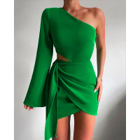 One Shoulder Tied Detail Bell Sleeve Party Dress - green