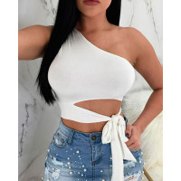 One Shoulder Tied Detail Cutout Crop Top - black