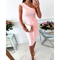 One Shoulder Tied Detail Party Dress - pink