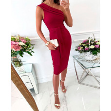 One Shoulder Tied Detail Party Dress - Wine red