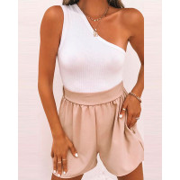 One Shoulder Top & High Waist Shorts Set - white