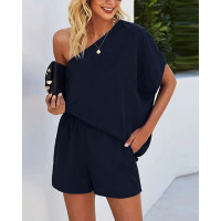 One Shoulder Top & Pocket Detail Shorts Set - purplish blue