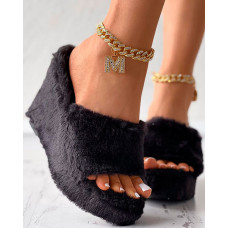 One Strap Fuzzy Wedge Slippers - black