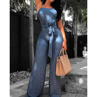Open Back Belted Wide Leg Denim Jumpsuit - blue