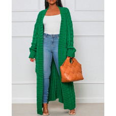 Open Front Cable Knit Longline Cardigan - green