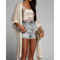 Open Front Hollow Out Crochet Cover Up Top - Apricot