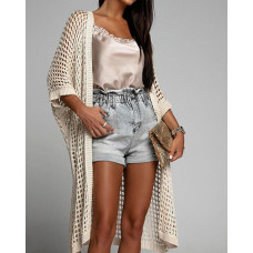 Open Front Hollow Out Crochet Cover Up Top - Apricot