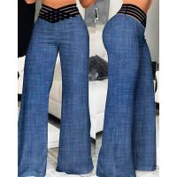 Overlap Waist Sheer Mesh Patch Wide Leg Pants - blue