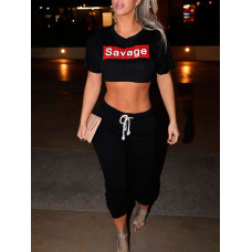 Oversize Letter Print Cropped Top&Drawstring Pants Set - black