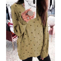 Oversized Long Sleeve Star Pattern Top - khaki