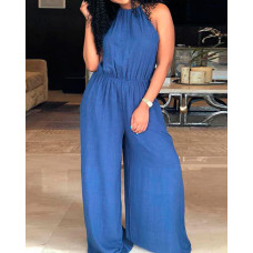 Oversized Solid Halter Wide Leg Loose Jumpsuit - blue