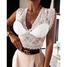 Padded Crochet Lace Crop Top - white