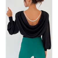 Padded Shoulder Lantern Sleeve Backless Beaded Strap Topbe - black