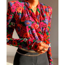 Padded Shoulder Long Sleeve Floral Print Bodysuit - hot pink