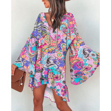 Paisley Floral Print Bell Sleeve Tassel Swing Casual Dress - Multicolor