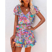 Paisley Floral Print Puff Sleeve Ruffles Casual Dress - Multicolor