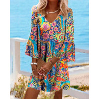 Paisley Floral Print Ruffle Hem Casual Dress - Multicolor