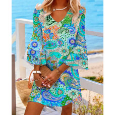 Paisley Print Bell Sleeve Casual Dress - green