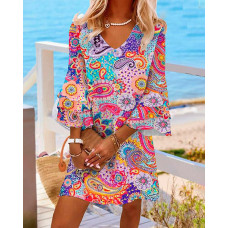 Paisley Print Bell Sleeve Casual Dress - Multicolor